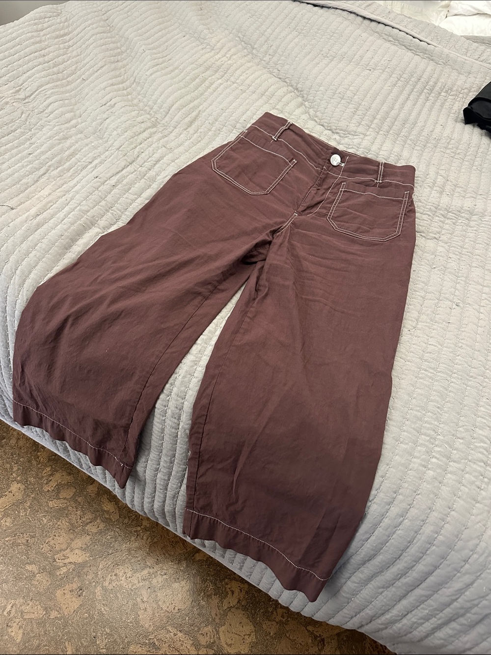 Maeve Wide-Leg Crop Pants in Brown with Contrast Stitching